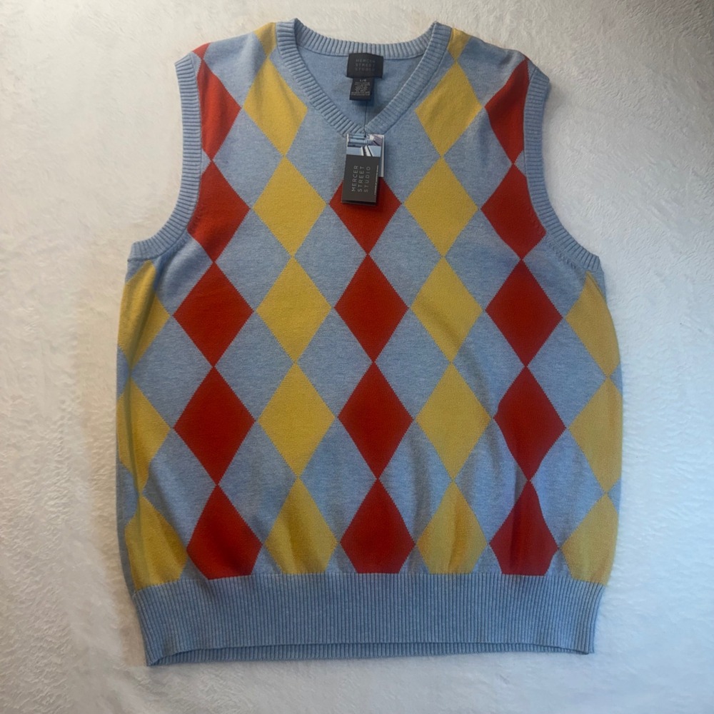 Mercer Street Studio Mens Argyle V-Neck Sweater Vest Blue Yellow Orange Large